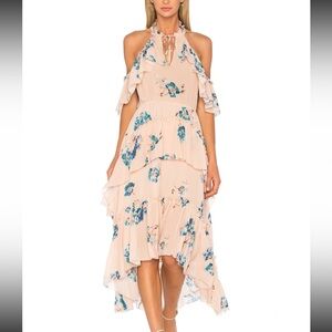 $750 Ulla Johnson Silk Blush and Blue Flutter Sleeve Ruffle V-Neck Dress